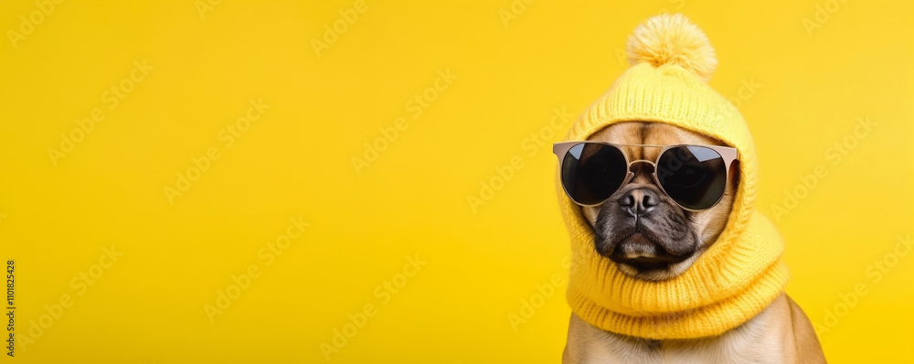 An Adorable and Stylish Dog Donning Sunglasses and a Bright Yellow Hat to Make You Smile. Christmas and New Year background for sale.