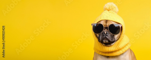 Obraz na płótnie An Adorable and Stylish Dog Donning Sunglasses and a Bright Yellow Hat to Make You Smile. Christmas and New Year background for sale. w salonie