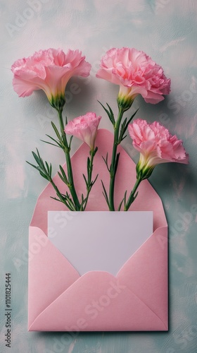 Fresh pink flowers arranged creatively in a pink envelope on a pastel background