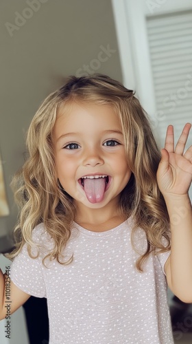 Happy child sticking out tongue while smiling at indoor setting in afternoon ...