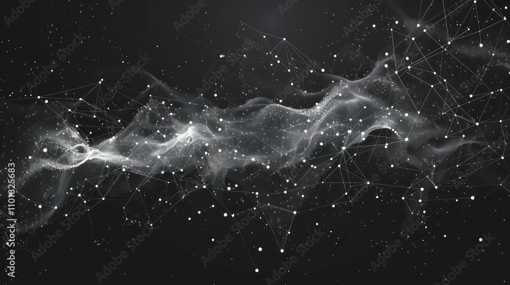 Fototapeta premium Abstract representation of cosmic elements with interconnected nodes and flowing particles.