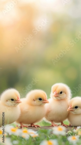 Four fluffy yellow chicks perched on a branch in a dreamy spring setting