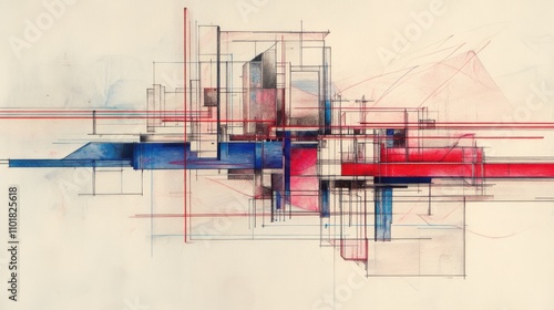 Pencil sketch of data chart with red and blue line highlights,