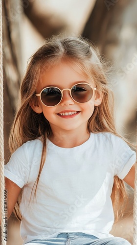 Young girl enjoying playful moments outdoors in sunny weather with stylish su...