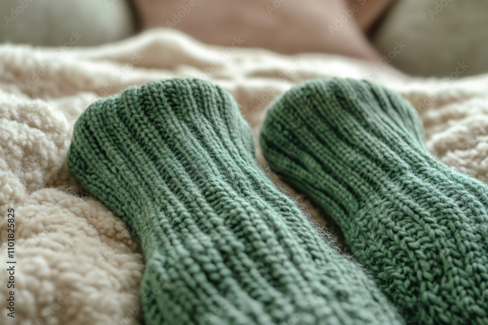 Fototapeta premium A pair of green socks lying on a bed, possibly left behind by someone