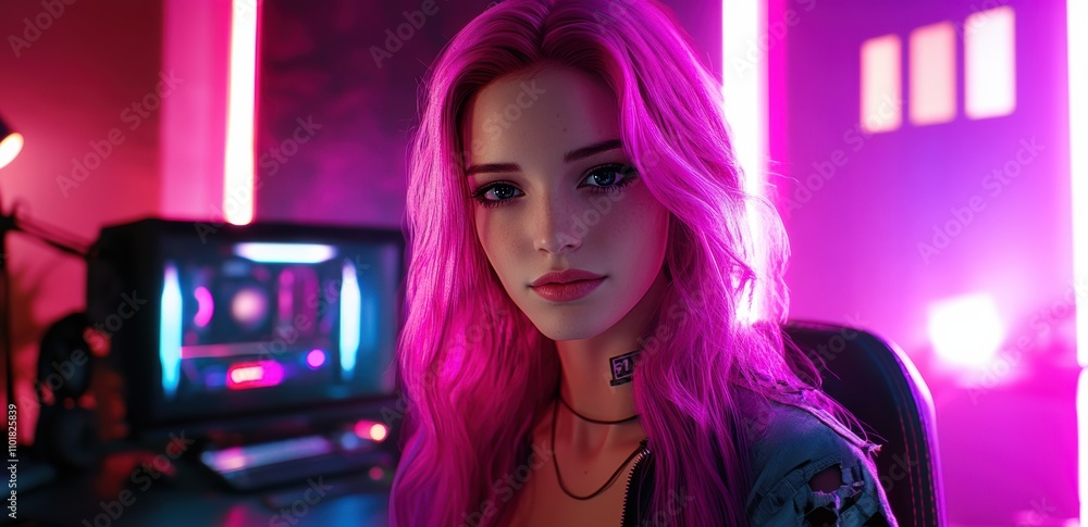 Woman with pink hair in a neon-lit gaming room Woman with pink hair in a neon-lit gaming room