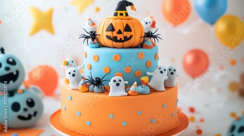 A two-tiered cake with pastel orange and blue colors, featuring cute monster faces and smiling spiders holding miniature candy corn. 