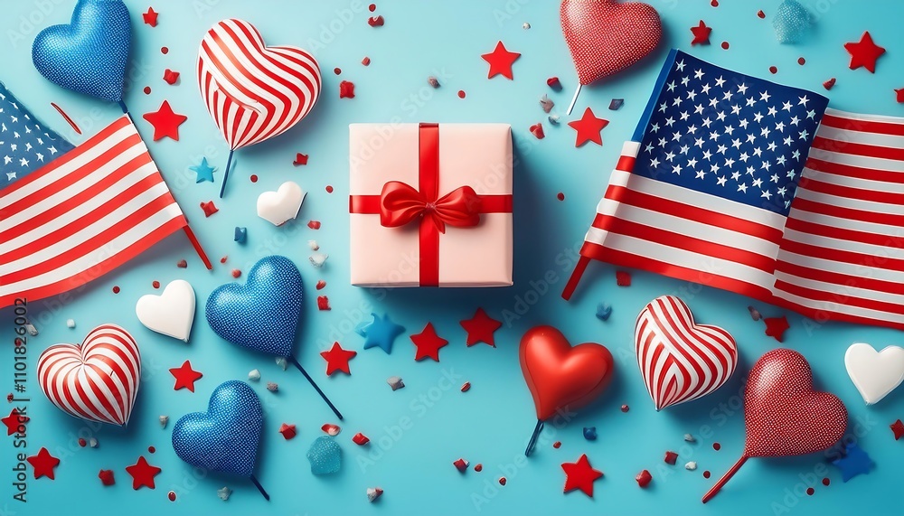 Obraz premium Independence Day decorations feature a vertical design with American flags, heart shapes, c_1(1117)