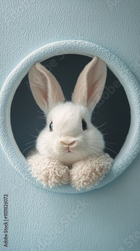 Cute white rabbit peeking through a round opening in a soft blue background