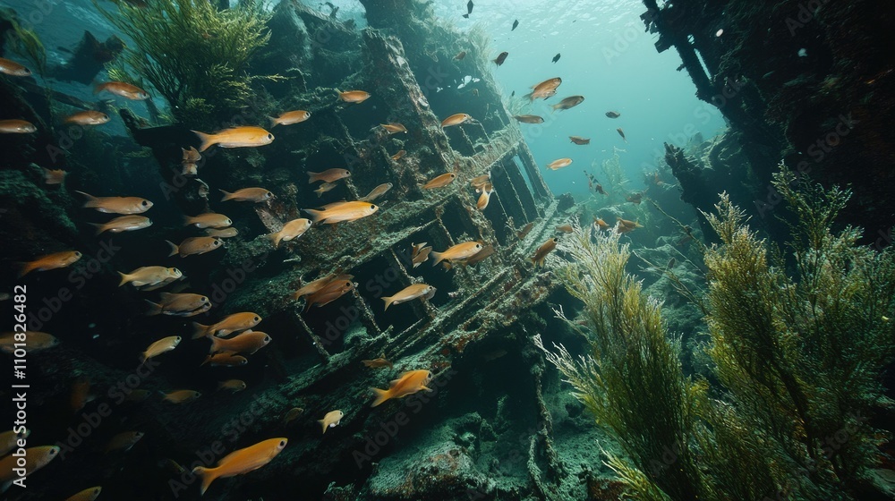 A school of fish darting around an underwater shipwreck, surrounded by marine vegetation. A school of fish darting around an underwater shipwreck, surrounded by marine vegetation.