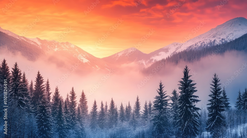 Obraz premium Beautiful Nature Background with Red-Orange Gradient Sky and Pine Forest in Winter