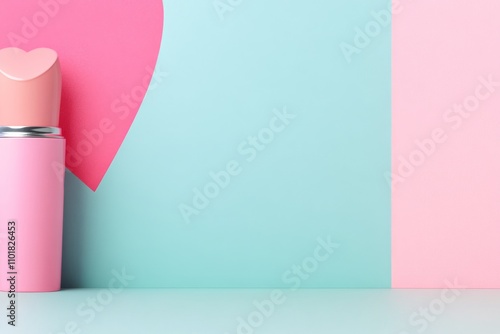 Pink lipstick on a pastel background with flowers and greenery