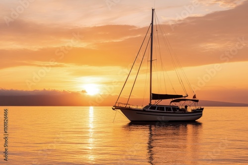 Beautiful sunset over calm lake with boat gliding through water in serene lan...