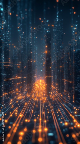 Cityscape of neon lights with glowing particles in a digital universe at night