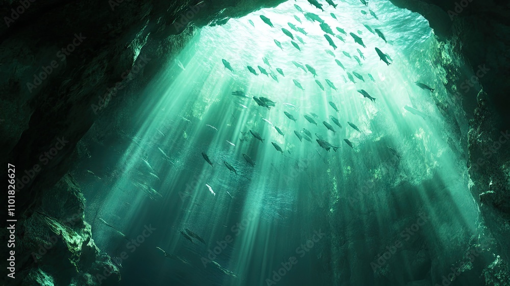 Obraz premium A school of fish passing through a cave opening, with light beams filtering through the water.