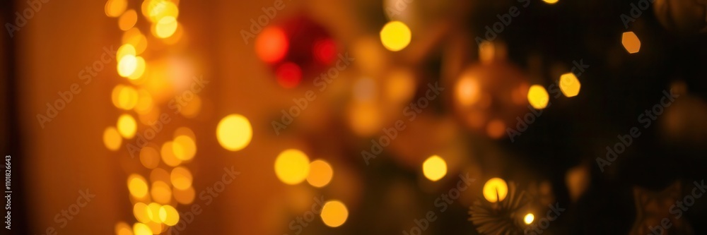 Christmas tree adorned with twinkling lights and golden ornaments against a blurred background of warm gold lights, winter, seasonal Christmas tree adorned with twinkling lights and golden ornaments against a blurred background of warm gold lights, winter, seasonal