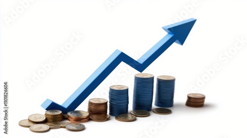 Blue arrow pointing upward above a pile of coins on a light background