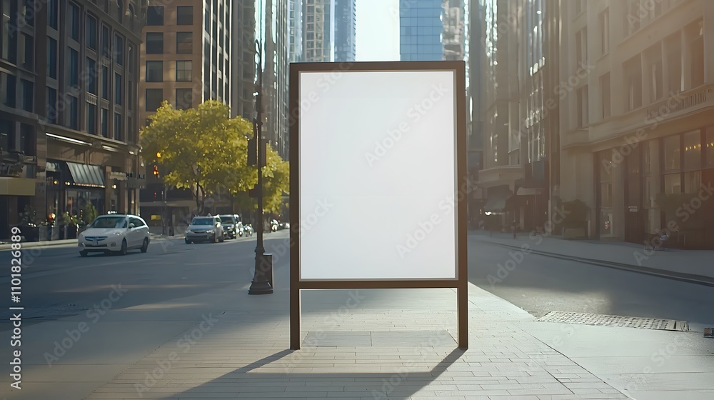A minimalistic white billboard on a pedestrian street, with shadowy outlines of city buildings under the sun A minimalistic white billboard on a pedestrian street, with shadowy outlines of city buildings under the sun