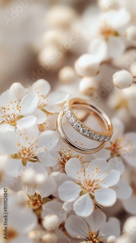 Beautiful wedding rings resting on delicate cherry blossom branches in spring