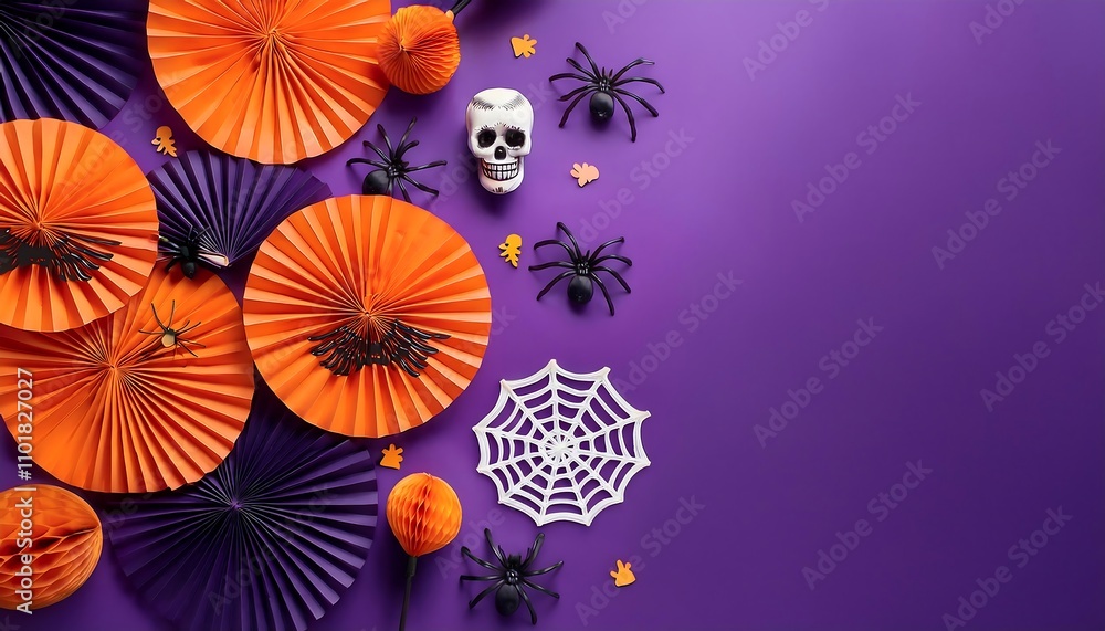 Naklejka premium Halloween and Mexican Day of the Dead themed decorations feature paper fans, spiders, and b_1(1105)