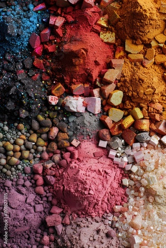 A collection of colorful powders and rocks, ideal for use in educational or science-related projects photo