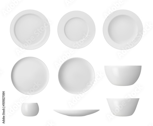 Food serving dishes and plates for meal. Vector isolated set of bowls for soup or sauces. Mockup realistic 3d kitchenware for home or restaurant. Kitchen porcelain for lunch or breakfast