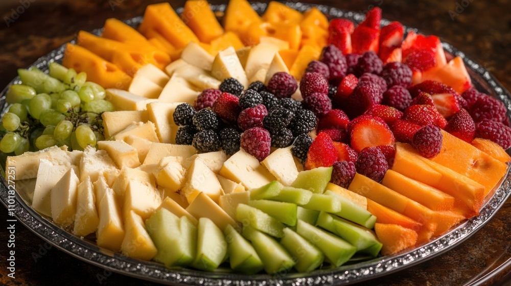 Assorted Cheese And Fruit Platter Arranged In A Circular Pattern Assorted Cheese And Fruit Platter Arranged In A Circular Pattern