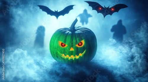 A vibrant green pumpkin with eerie glowing eyes at the center, standing out against a foggy blue backdrop. 