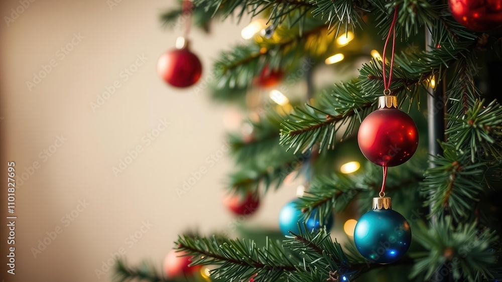 Close-up view of Christmas tree branches intertwined with twinkling lights and colorful ornaments, festive season, colorful ornaments Close-up view of Christmas tree branches intertwined with twinkling lights and colorful ornaments, festive season, colorful ornaments