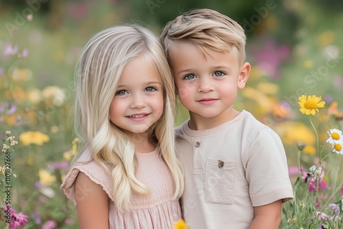 Children smile together in a vibrant flower field during a sunny day in spring