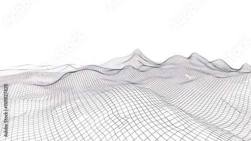 A 3D wireframe representation of undulating terrain, illustrating a conceptual landscape in a minimalist design.