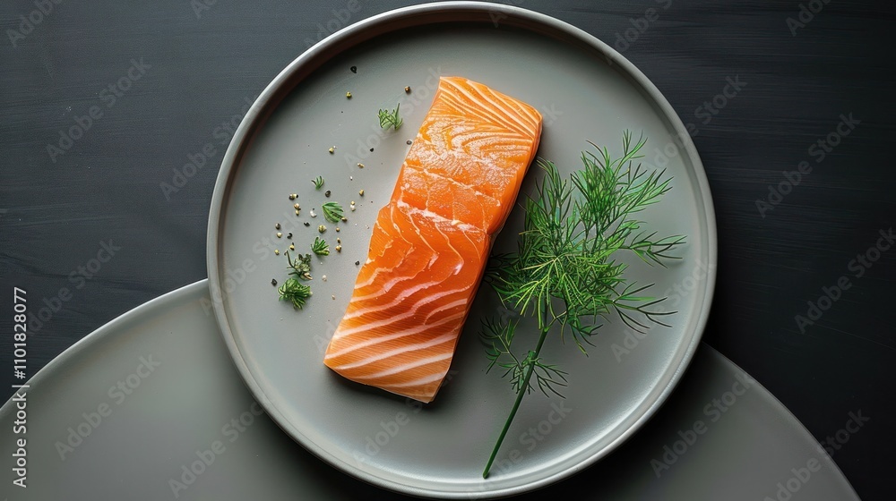 Delicious and nutritious salmon fillet presented on a simple modern dark plate with fresh dill sprigs as a natural minimalist garnish Delicious and nutritious salmon fillet presented on a simple modern dark plate with fresh dill sprigs as a natural minimalist garnish