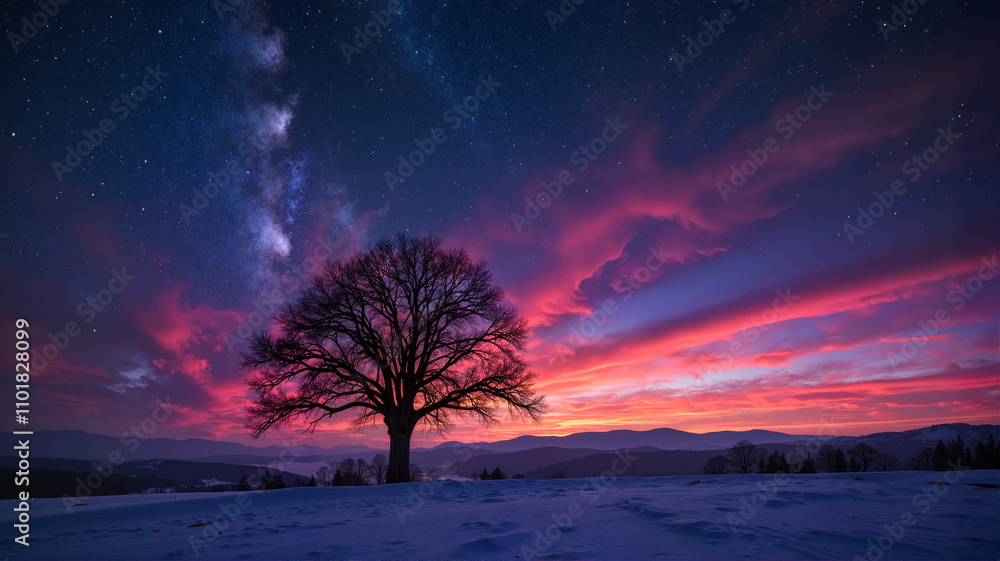 Lone tree on a snowy hill silhouetted against a vibrant Milky Way night sky Lone tree on a snowy hill silhouetted against a vibrant Milky Way night sky