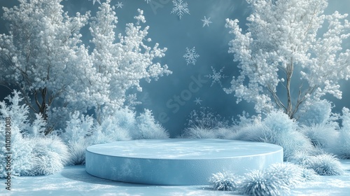 Frosted icy blue podium with snowflakes, surrounded by snowy branches on a winter background
