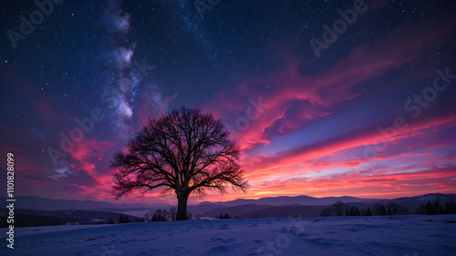 Lone tree on a snowy hill silhouetted against a vibrant Milky Way night sky