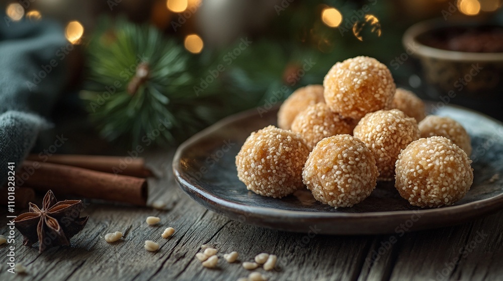 Golden and crispy sesame balls (Jian Dui) filled with sweet red bean paste, served on a wooden table. Golden and crispy sesame balls (Jian Dui) filled with sweet red bean paste, served on a wooden table.