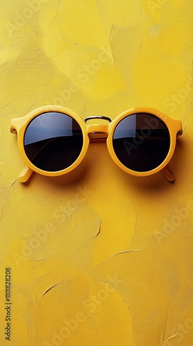 Stylish round sunglasses resting on a bright yellow background with distinct ...