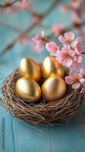 Golden eggs nestled in a spring blossom nest on a wooden surface