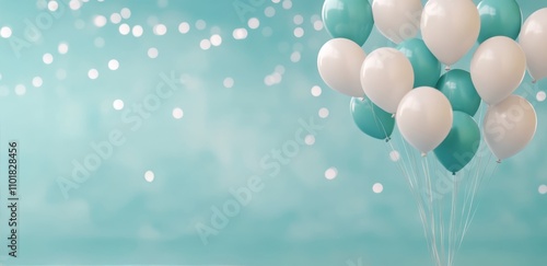 Colorful balloons floating above a blurred turquoise background during an eve...