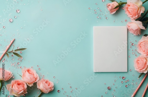 Floral arrangement with white frame on blue background for creative display