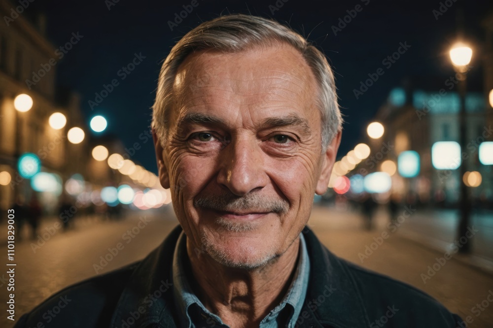 Close portrait of a smiling senior Hungarian man looking at the camera, Hungarian city outdoors at night blurred background Close portrait of a smiling senior Hungarian man looking at the camera, Hungarian city outdoors at night blurred background