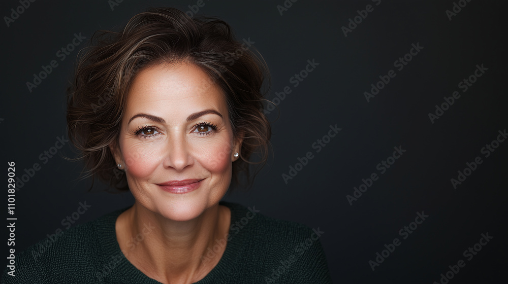smiling woman with short, curly hair, wearing dark sweater, exudes confidence and warmth against dark background, showcasing her natural beauty and poise. smiling woman with short, curly hair, wearing dark sweater, exudes confidence and warmth against dark background, showcasing her natural beauty and poise.