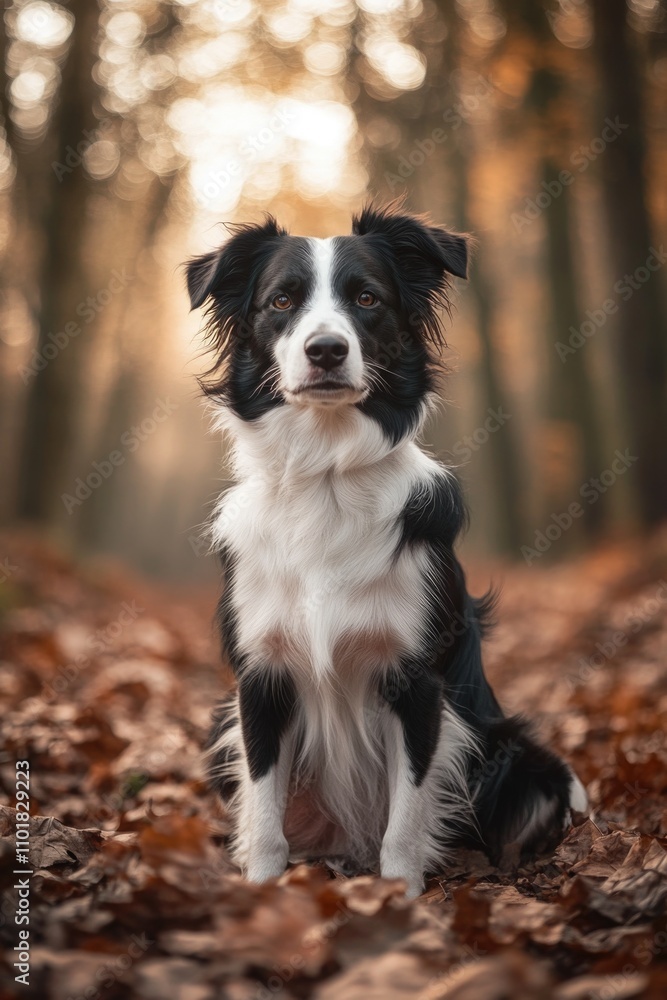 A black and white dog sitting amidst a pile of autumn leaves A black and white dog sitting amidst a pile of autumn leaves