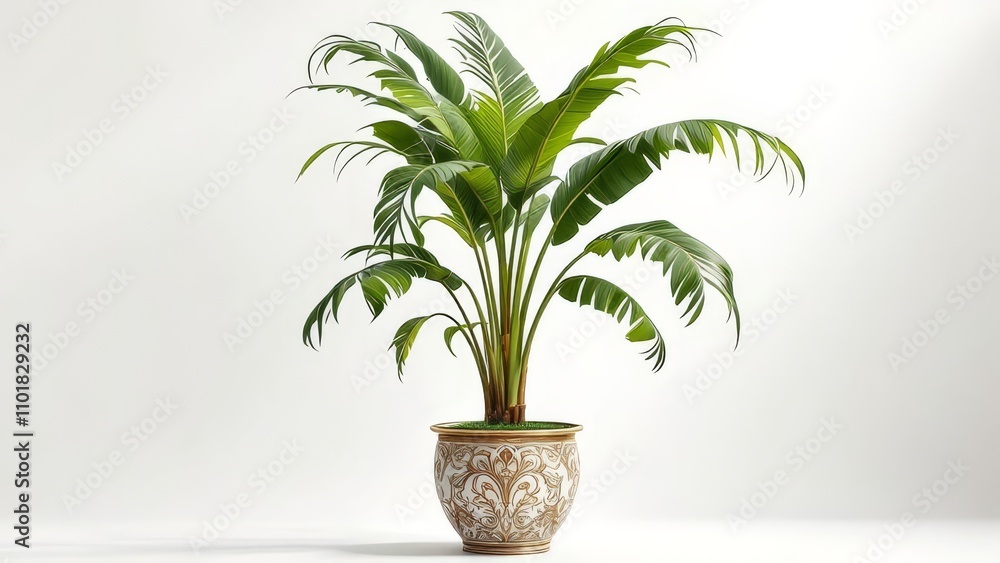 Luxury flowerpot cradles a tilted banana palm, AI photo.