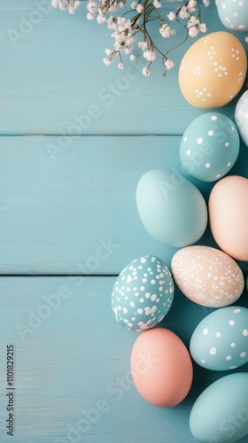 Decoratively colored Easter eggs arranged on a light blue wooden surface in s...