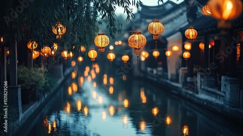 A serene shot of Chinese lanterns hanging over a tranquil waterway, reflecting their glow in the ripples.