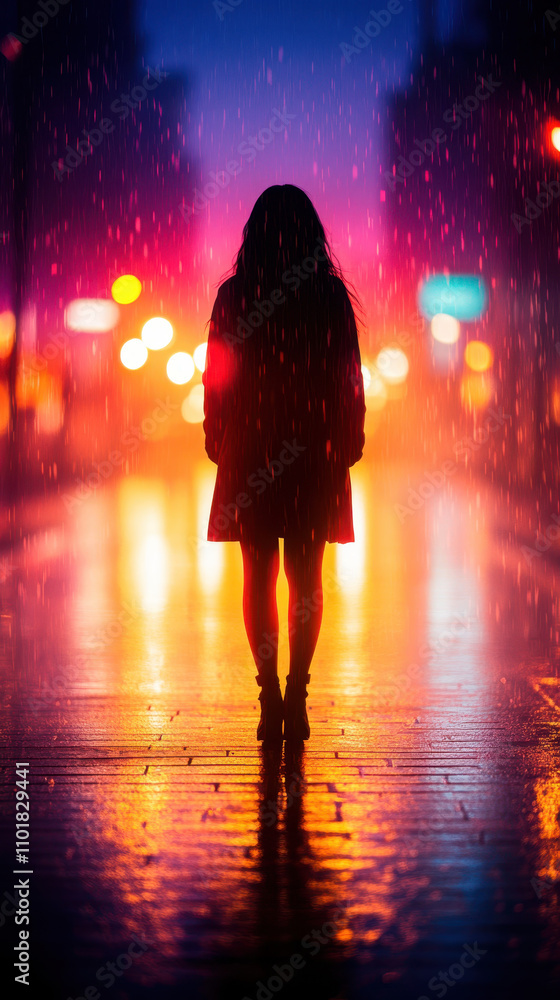 silhouette of woman stands in rain, illuminated by colorful city lights. vibrant reflections on wet pavement create moody atmosphere, evoking sense of solitude and contemplation silhouette of woman stands in rain, illuminated by colorful city lights. vibrant reflections on wet pavement create moody atmosphere, evoking sense of solitude and contemplation