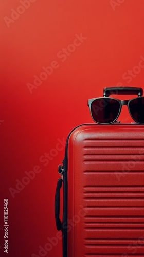 Travel essentials displayed with a red suitcase and stylish sunglasses for su...