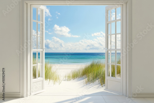 A breathtaking view of a beach through an open doorway frame. The pristine sand and clear waters with a cloud-dotted sky evoke a sense of peace and freedom.