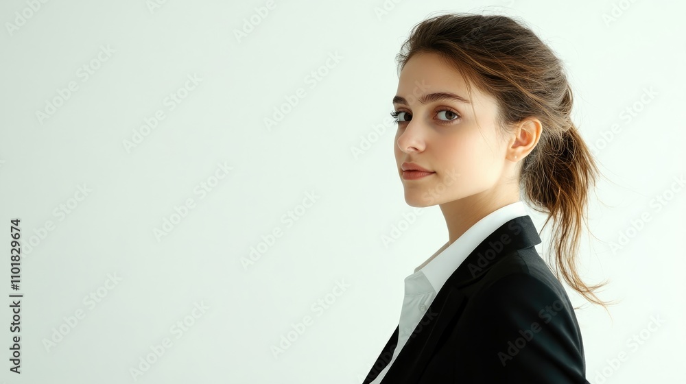Young saleswoman dressed in formal attire, captured in a crisp image against a white background, radiating professionalism and confidence. The photo offers ample copy space. Young saleswoman dressed in formal attire, captured in a crisp image against a white background, radiating professionalism and confidence. The photo offers ample copy space.